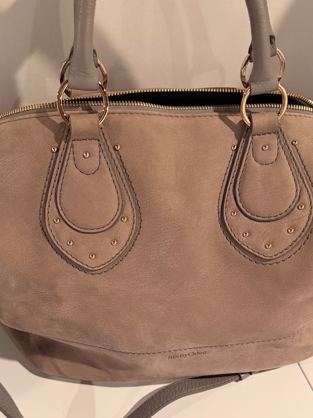 See By Chloe Taupe Suede Shoulder Tote with Gold Hardware
